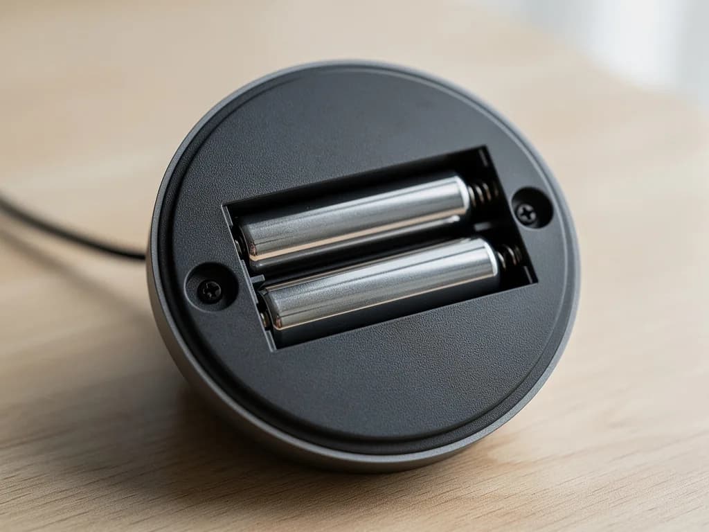 Geöffnetes Batteriefach an der Unterseite eines runden Leuchtenfußes mit zwei eingelegten Rundzellen und zwei Schrauben.