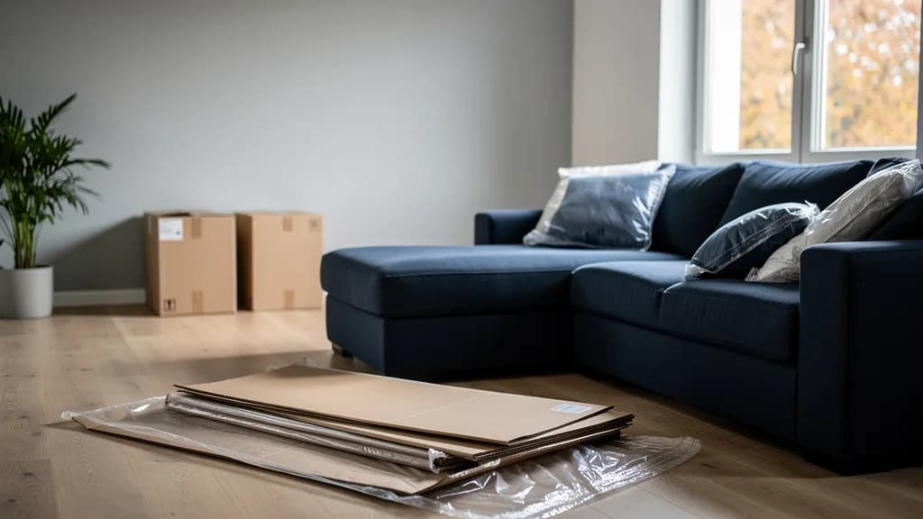 Dunkelblaues Ecksofa in einem hellen Wohnzimmer, daneben liegen zusammengefaltete Kartonverpackung und Schutzfolie auf dem Eichenboden