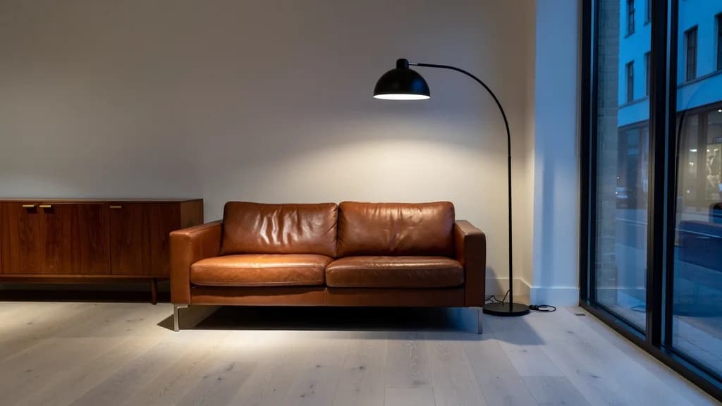 Cognacfarbenes Ledersofa mit Stahlfüßen neben einem Nussbaum-Sideboard und schwarzer Bogenleuchte im abendlichen Studio.