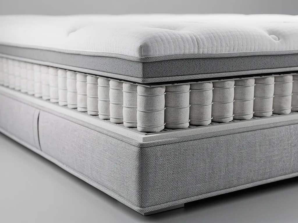Detailansicht eines Boxspringbetts mit gestepptem Topper, Schaumschicht und Tonnentaschen-Federkern über dem grau bezogenen Sockel.