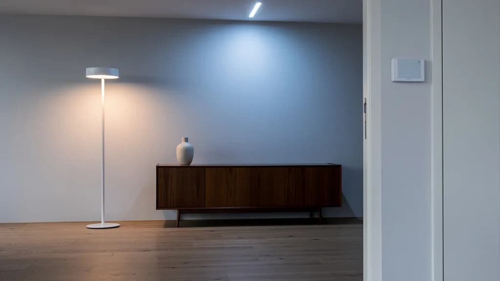 Wohnraum bei Dämmerung mit weißer Stehleuchte in Warmweiß, blau angestrahlter Wand und schlichtem Wandschalter.