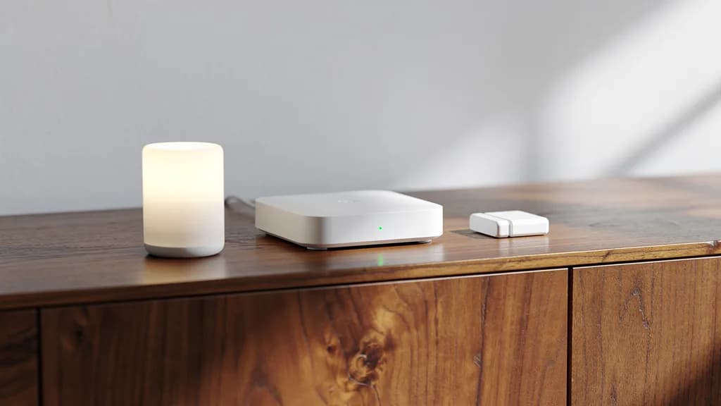 Weiße Tischleuchte, flacher Smart-Home-Hub mit grüner Kontrollleuchte und kleiner Türsensor auf einem Nussbaum-Sideboard.