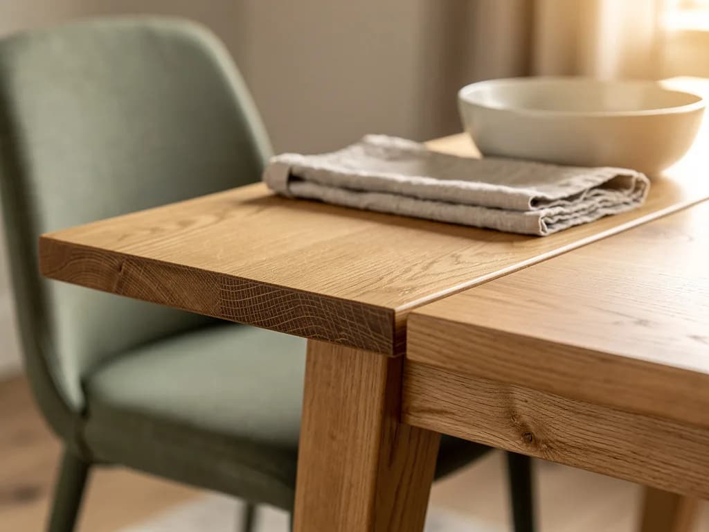 Detailaufnahme einer Eichentisch-Ecke mit sichtbarer Holzmaserung, Leinenserviette und Keramikschale neben einem grünen Polsterstuhl.