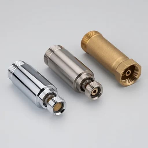 Drei Armaturenkörper aus Chrom, Edelstahl und Messing nebeneinander auf grauem Untergrund.