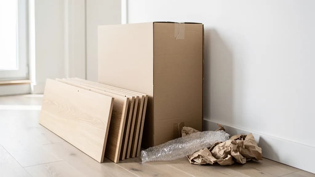 Großer Versandkarton mit flach verpackten Eichen-Regalbrettern, Luftpolsterfolie und zerknülltem Packpapier in einem hellen Flur.