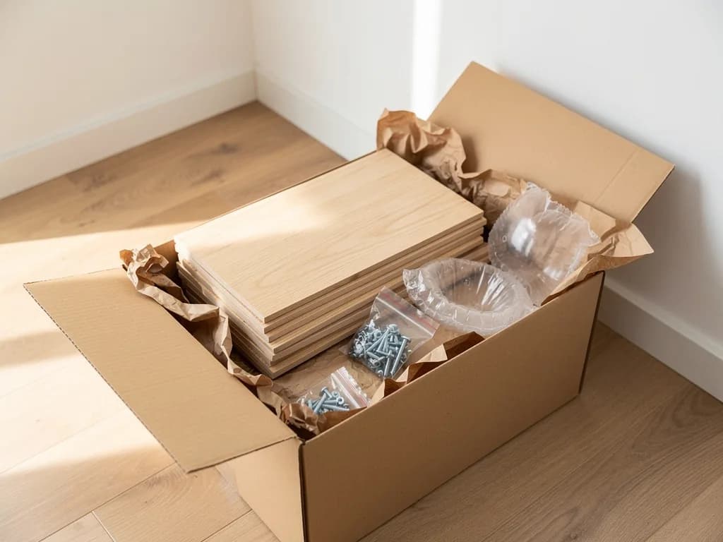 Geöffneter Versandkarton mit flach gestapelten Eichen-Regalbrettern, Schraubenbeuteln, Packpapier und Luftpolstern auf hellem Holzboden.