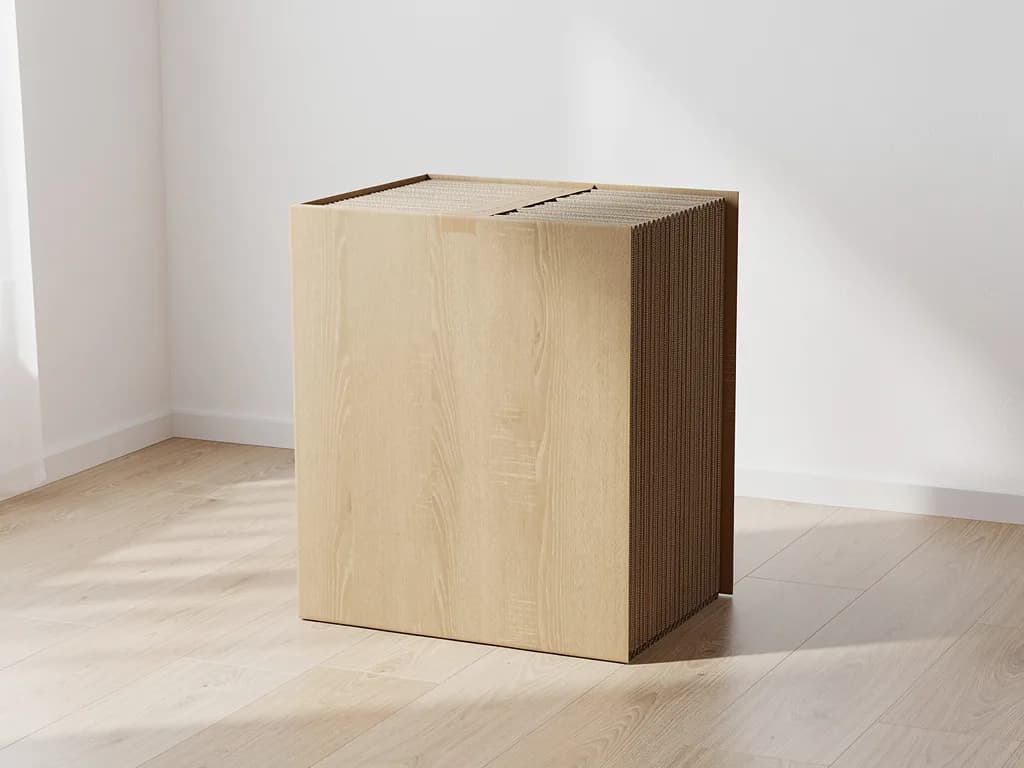 Passgenau in Wellpappe verpackter Stapel flacher Eichen-Möbelplatten ohne Kunststoff auf hellem Holzboden.