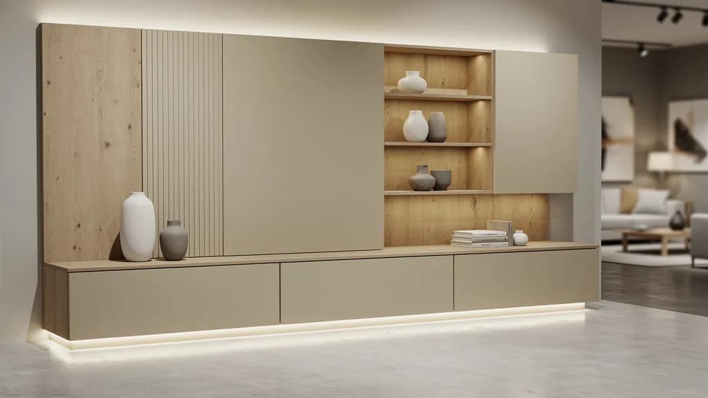 Wohnwand in Sandbeige und Eiche mit Sockelbeleuchtung in einer Möbelhaus-Ausstellung