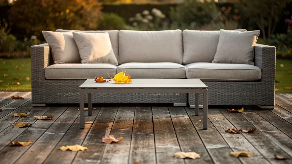 Graues Polyrattan-Loungesofa mit hellen Kissen auf einer Holzterrasse mit herbstlichem Laub in der Abendsonne.