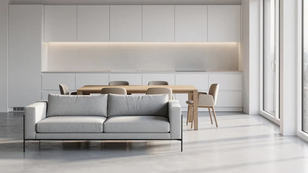 Helles Musterzimmer mit grauem Stoffsofa, Eichentisch und weißer Küchenzeile im Tageslicht.
