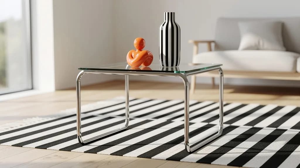 Skulpturaler Beistelltisch mit Chromgestell und Glasplatte, darauf eine orangefarbene Keramikskulptur und eine gestreifte Vase, in einem hellen Wohnzimmer