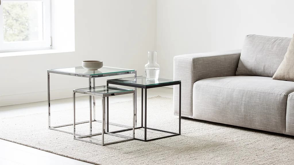 Drei Beistelltische mit Glasplatten und Metallgestellen in unterschiedlichen Höhen neben einem Leinensofa