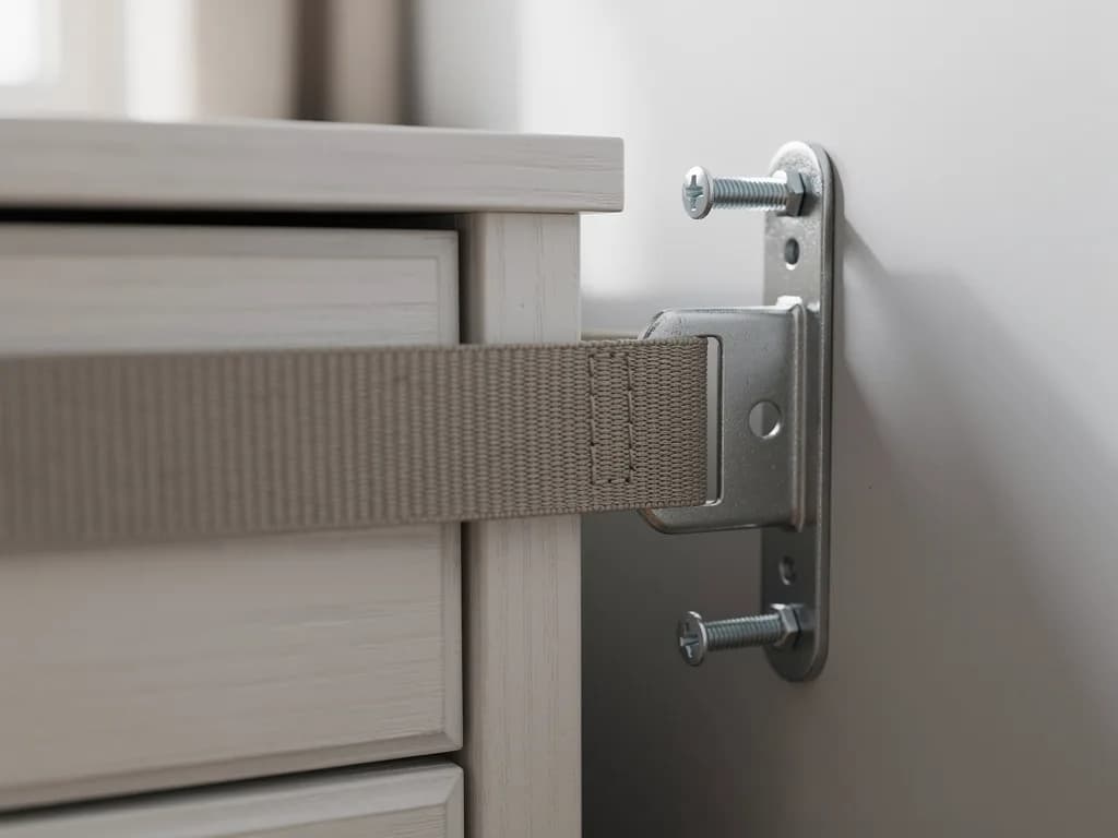 Metall-Wandanker mit Gurt befestigt eine Kommode an der Wand