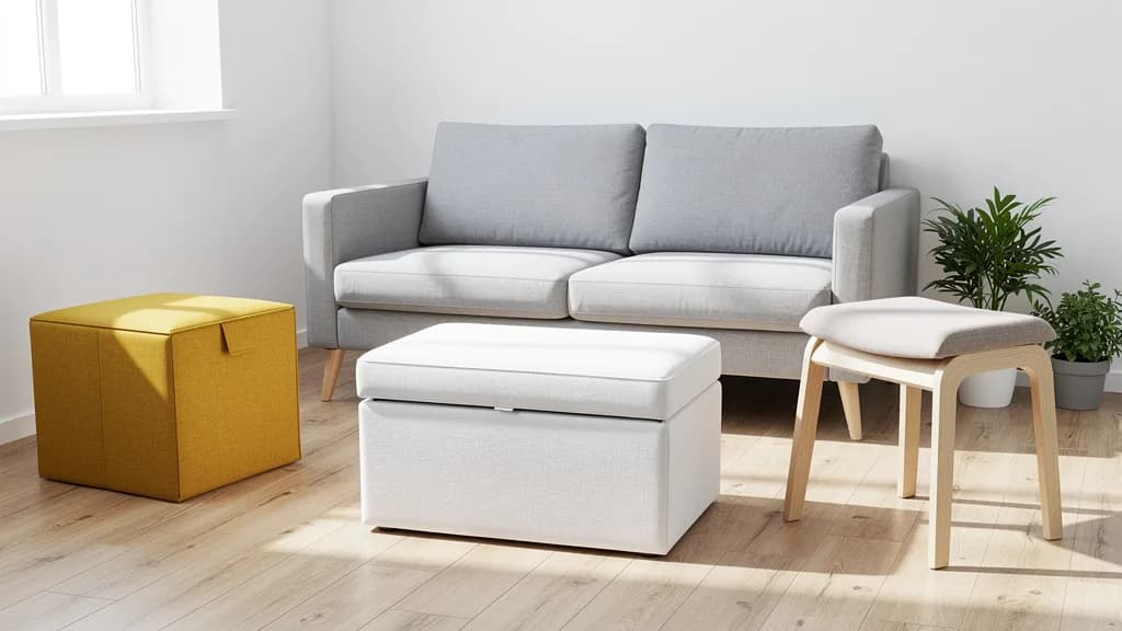 Weißer Stauraumhocker, senfgelber Stoff-Sitzwürfel und gepolsterter Holzhocker vor einem grauen Zweisitzer im hellen Wohnzimmer.