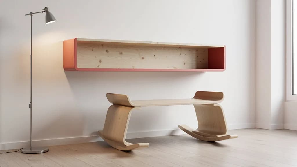 Helle skandinavische Wohnecke mit rot lackiertem Kiefernregal, geschwungener Holz-Schaukelbank und schlanker Stehleuchte.