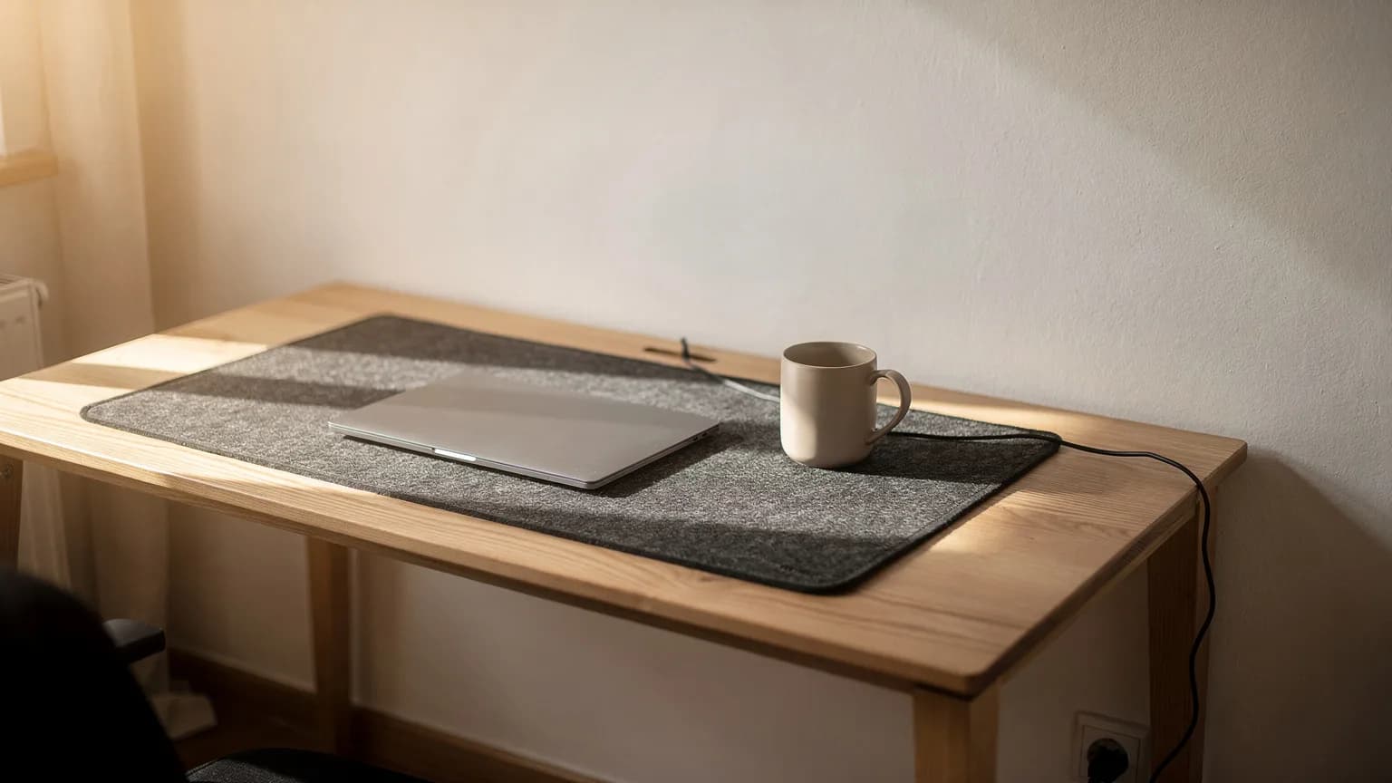 Heller Eichen-Schreibtisch im Homeoffice mit dunkelgrauer Filz-Schreibtischunterlage, geschlossenem Laptop und einem Stromkabel, das über die Tischkante läuft