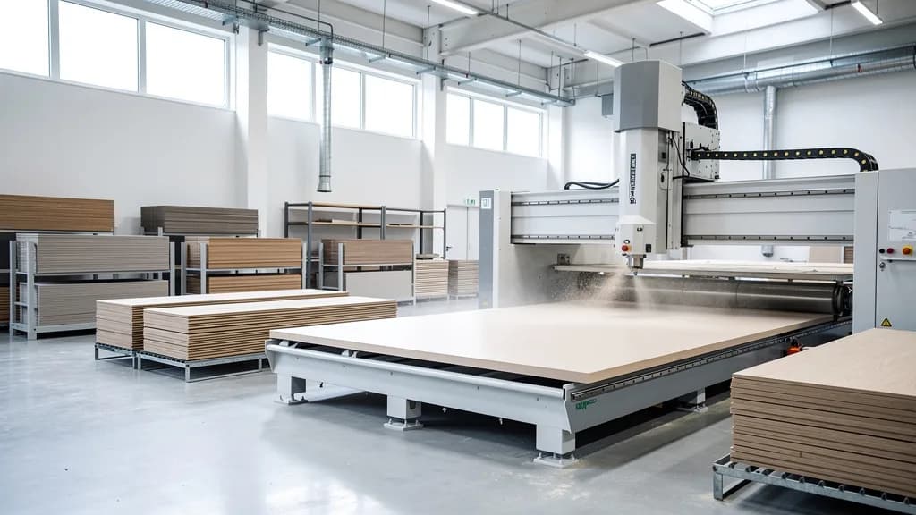 CNC-Fräse bearbeitet eine lackierte Möbelplatte in einer hellen Möbelfabrik, im Hintergrund gestapelte Holzplatten