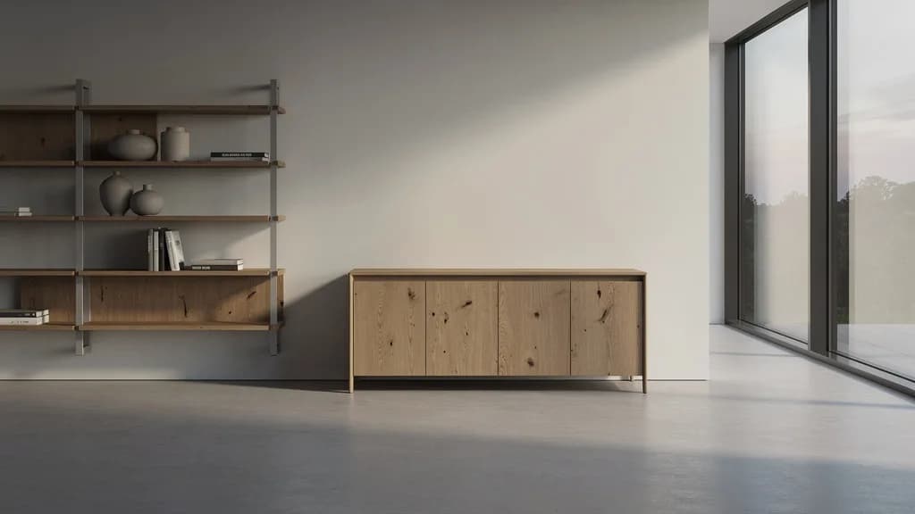 Minimalistisches Eichen-Sideboard und ein modulares Wandregal mit Keramikvasen in einem hellen, fast leeren Wohnraum.