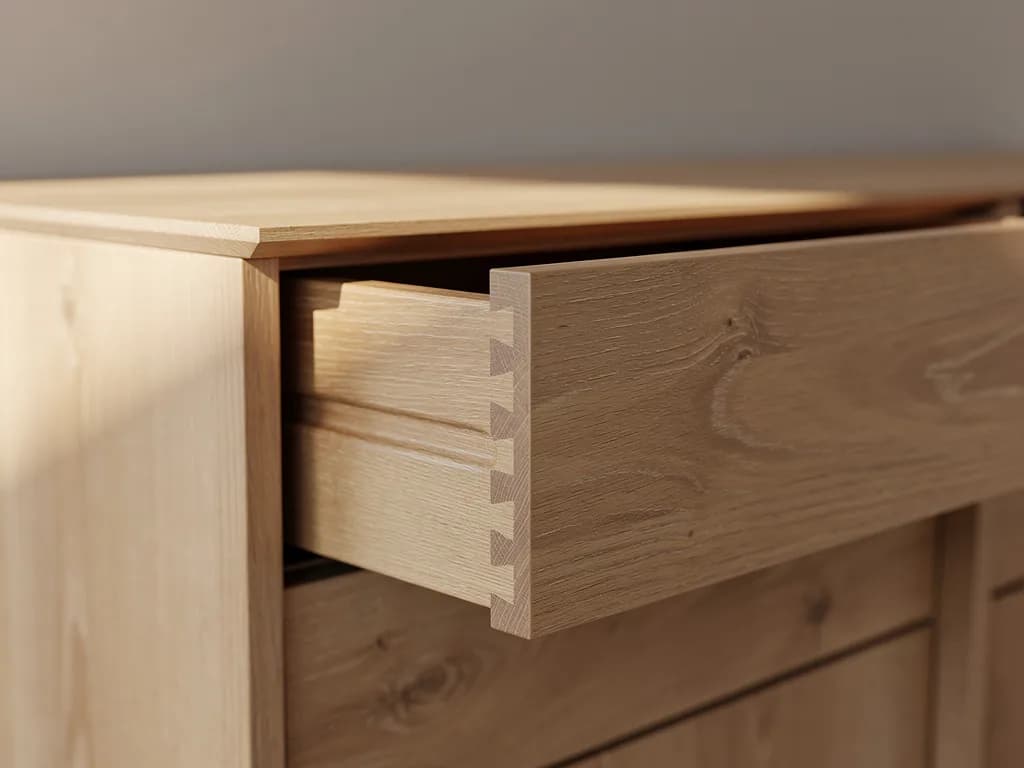Geöffnete Schublade eines Eichen-Sideboards mit sichtbarer Schwalbenschwanzverzinkung und natürlicher Holzmaserung.