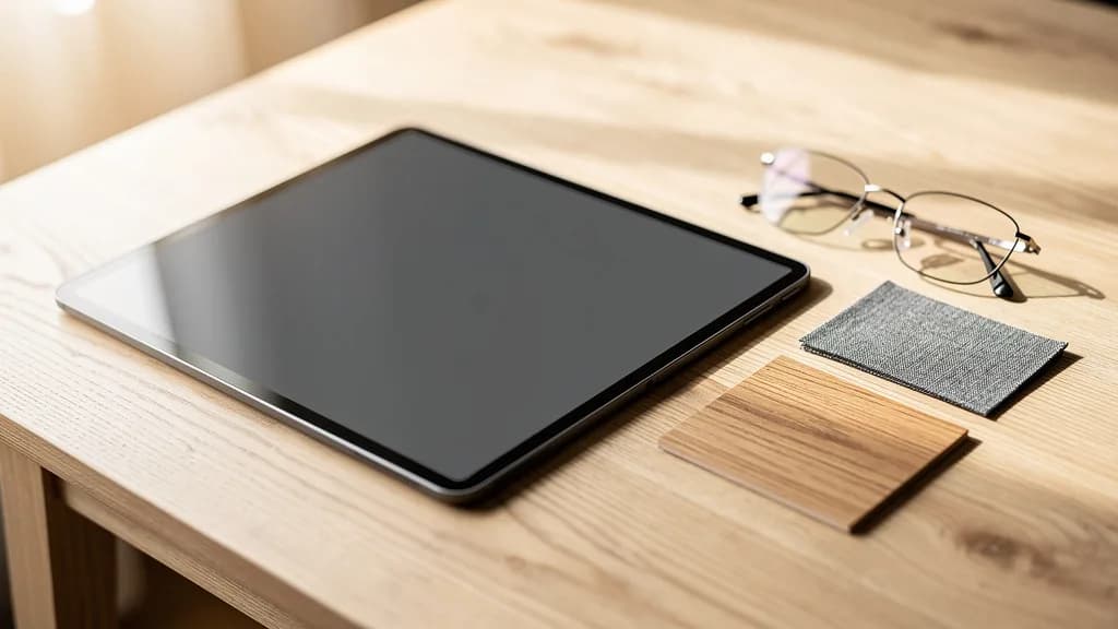 Tablet mit ausgeschaltetem Display auf Eichentisch, daneben Brille, graue Stoffprobe und Holzmuster.