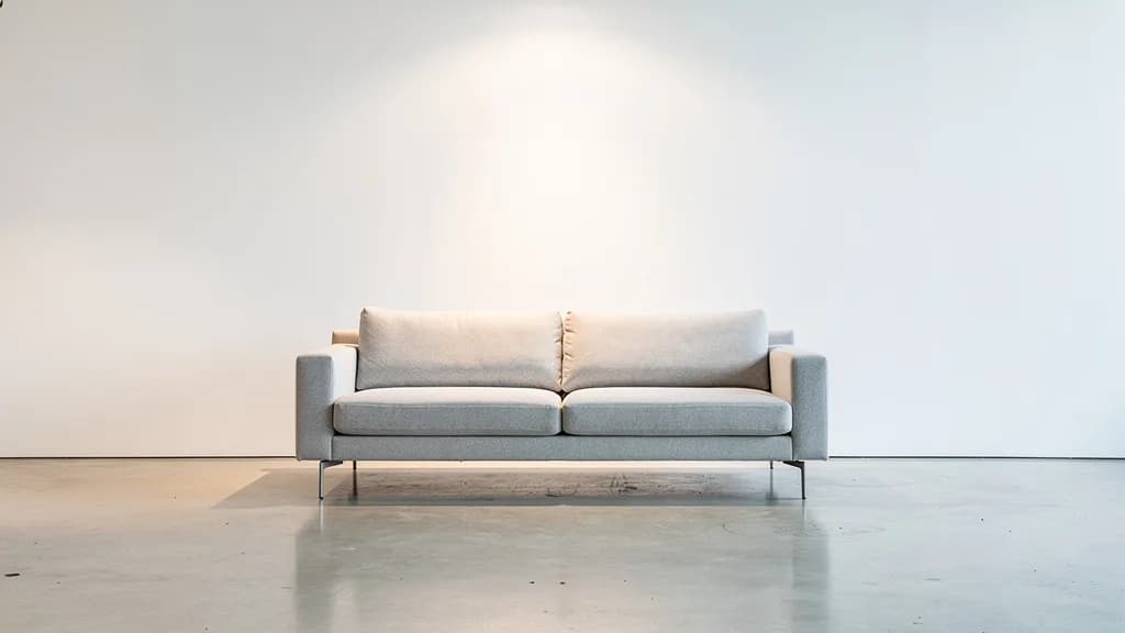 Hellgraues Stoffsofa allein in einem leeren weißen Ausstellungsraum unter einem einzelnen Deckenstrahler.