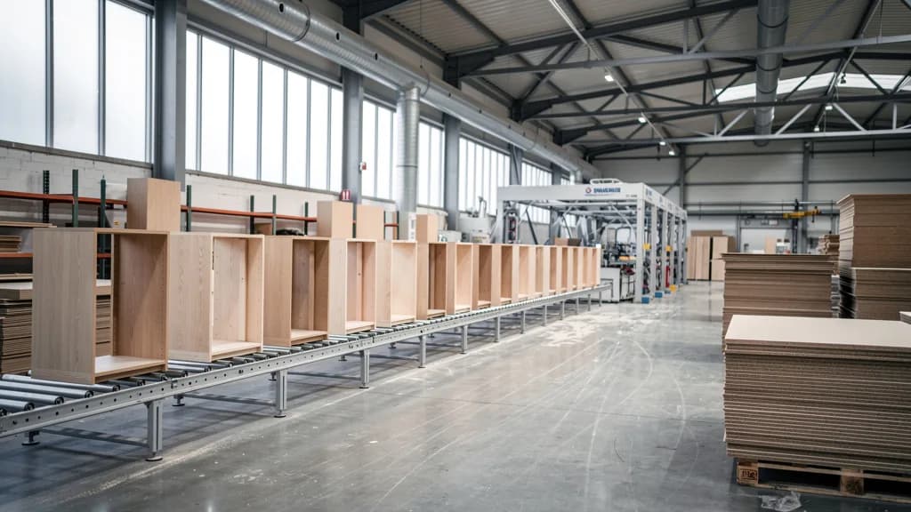 Reihe heller Korpusmöbel auf einer Fördertechnik in einer Möbelfabrik, rechts gestapelte Spanplatten.