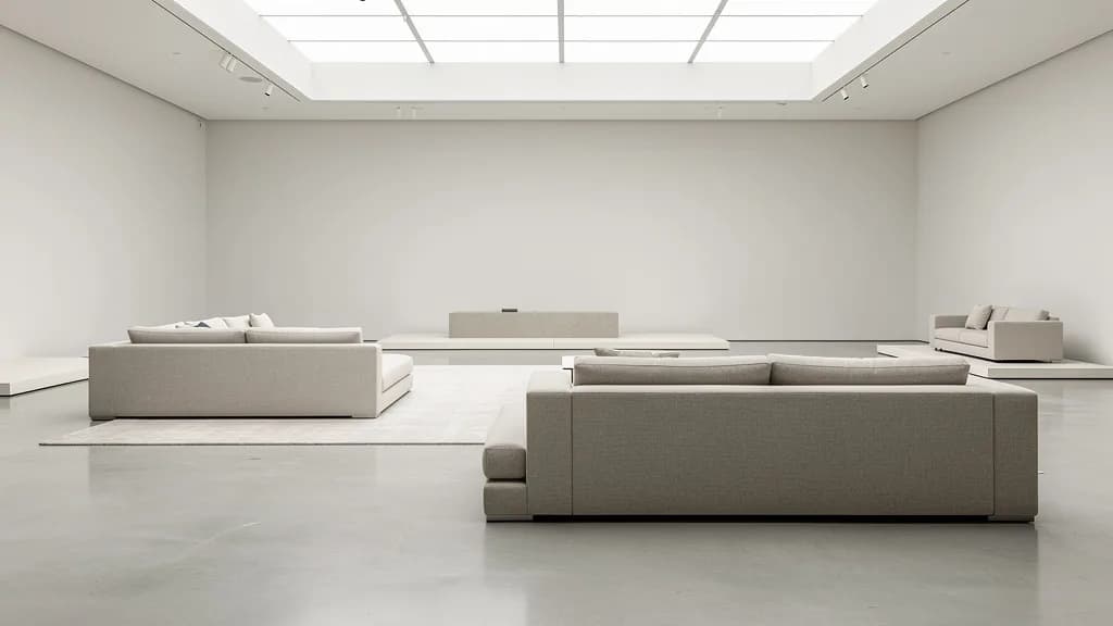 Zwei graubeige Polstersofas in einem hellen, fast leeren Möbel-Ausstellungsraum mit Oberlicht.