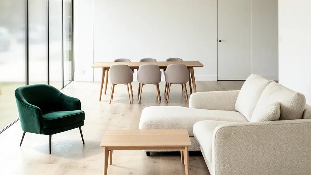 Heller Möbel-Showroom mit Bouclé-Ecksofa, Eichentisch mit sechs Polsterstühlen und dunkelgrünem Samtsessel.