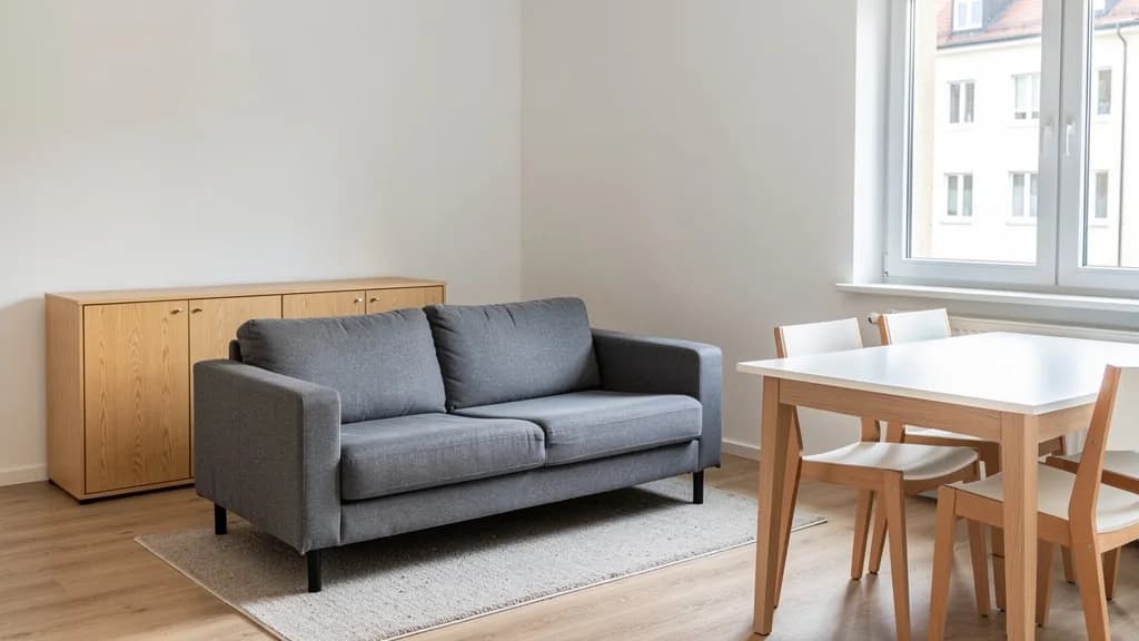 Sparsam möbliertes Zimmer einer Mietwohnung mit grauem Sofa, heller Eichenkommode und schlichtem Esstisch am Fenster
