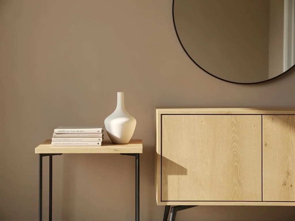 Schmaler Eiche-Beistelltisch mit Stahlgestell, weiße Keramikvase und Bücher neben rundem Wandspiegel und Eiche-Sideboard.