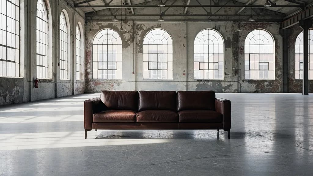 Dunkelbraunes Ledersofa allein in einer leeren Industriehalle mit hohen Rundbogenfenstern und Betonboden.