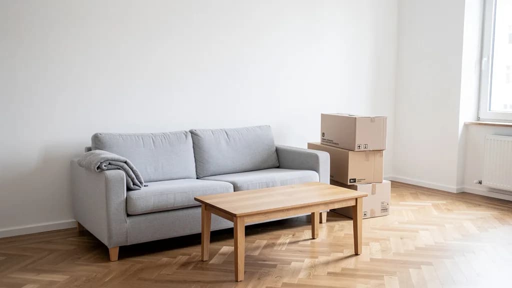 Hellgraues Sofa und Eichen-Couchtisch in leerer Wohnung mit Fischgrätparkett, daneben gestapelte Umzugskartons.