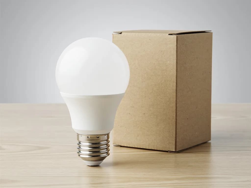 Mattweiße LED-Lampe mit E27-Schraubsockel neben einer braunen Kartonverpackung auf heller Holzfläche.