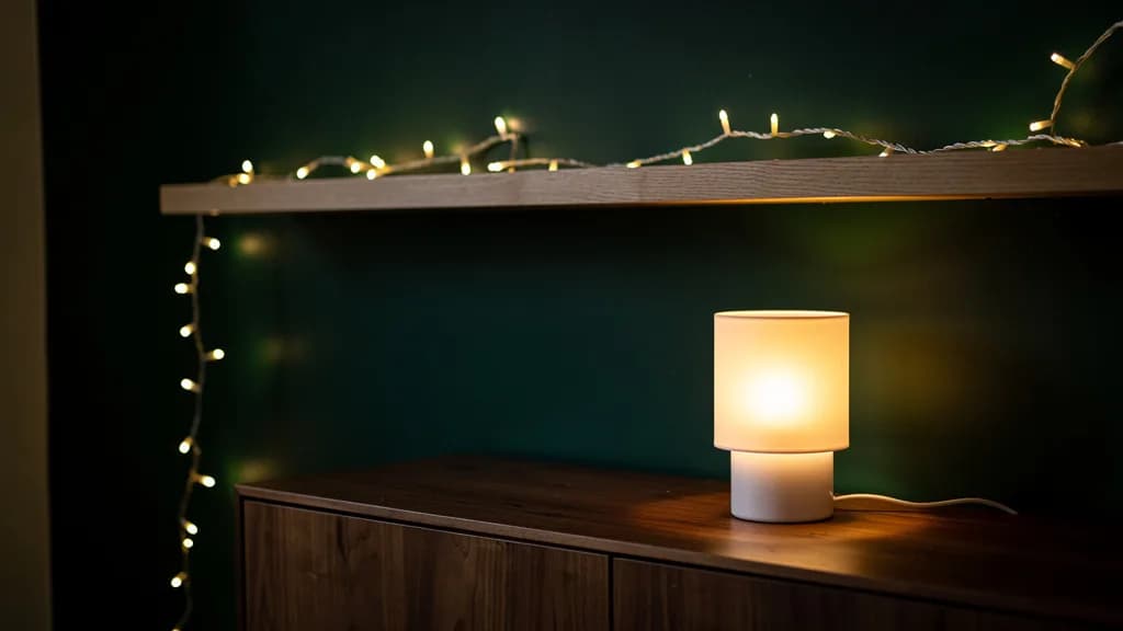 Warmweiße Lichterkette an einem Eichenbord und der dunkelgrünen Wand, darunter eine weiße Tischleuchte auf Nussbaum-Sideboard.