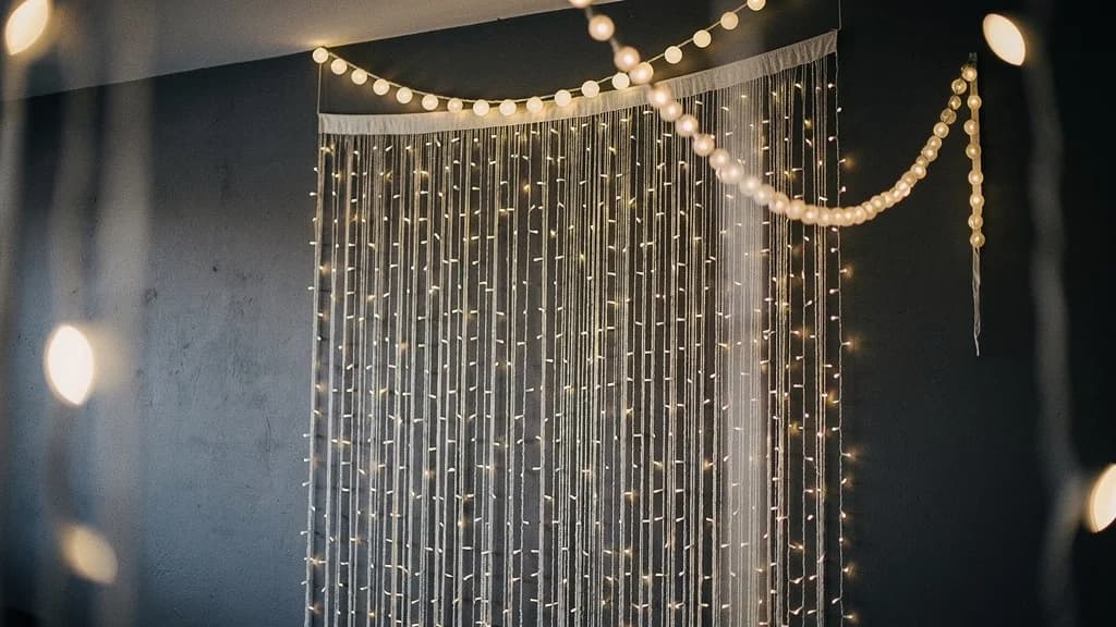 Dichter Lichtervorhang aus feinen Strängen vor dunkler Wand, darüber eine Kette mit runden Lämpchen.