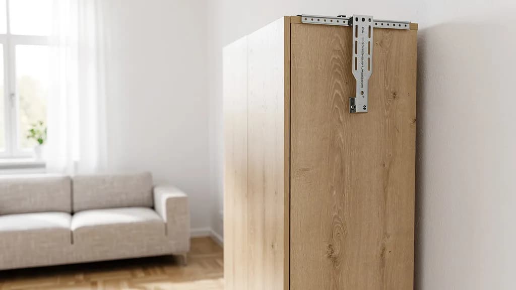 Heller Eichenschrank im Wohnzimmer, oben mit einem Metallwinkel fest an der Wand verankert
