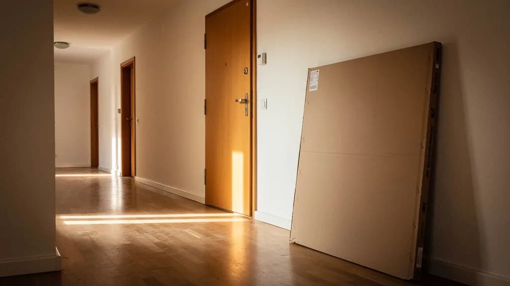 Großer ungeöffneter Möbelkarton lehnt im Flur einer Wohnung an der Wand neben der Wohnungstür