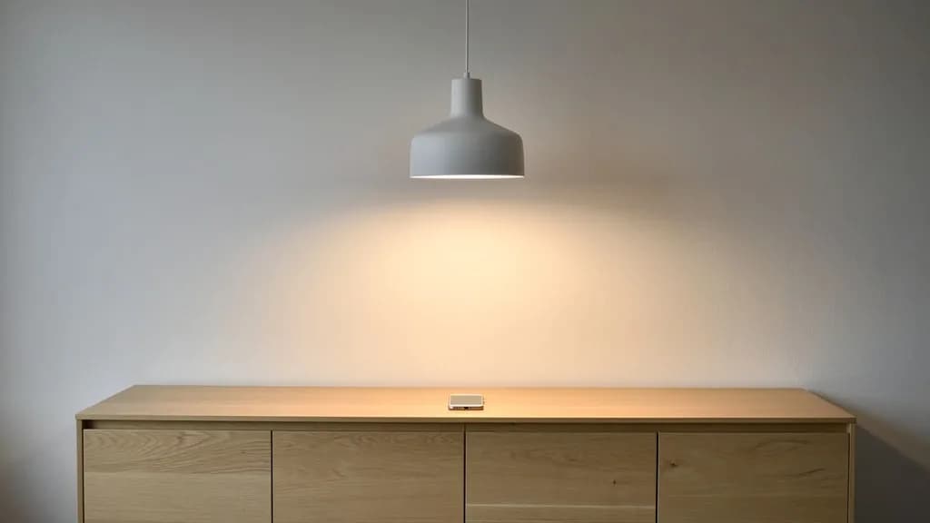 Weiße Pendelleuchte über einem Eichen-Sideboard, warmes Licht am Abend, Smartphone auf der Ablage
