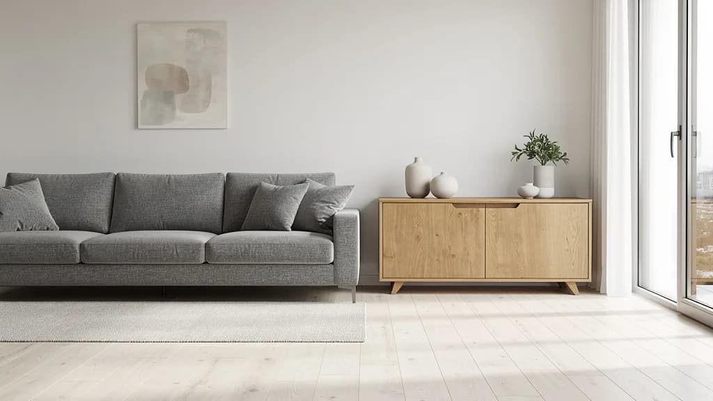 Helles Wohnzimmer mit grauem Stoffsofa und einem Sideboard aus Eiche vor einer Fensterfront.