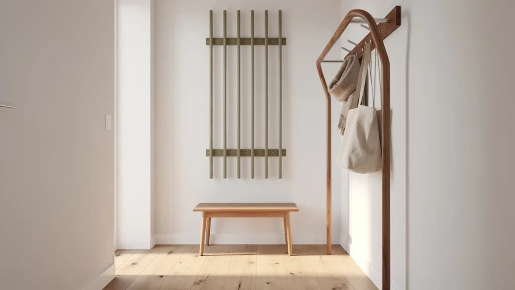 Schmaler Flur mit wandmontierter Garderobe mit olivgrünen Stäben, Holz-Garderobenständer und heller Sitzbank.