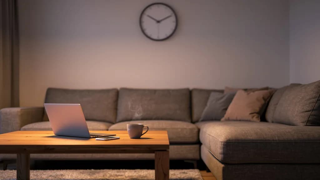 Abends beleuchtetes Wohnzimmer mit taupefarbenem Ecksofa, Laptop auf dem Eichentisch und runder Wanduhr.