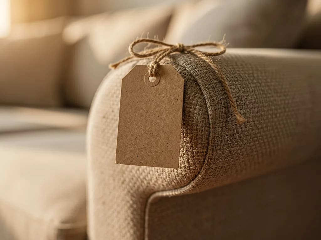 Nahaufnahme eines leeren Kraftpapier-Preisschilds mit Kordelschleife an der Armlehne eines beigen Stoffsofas.
