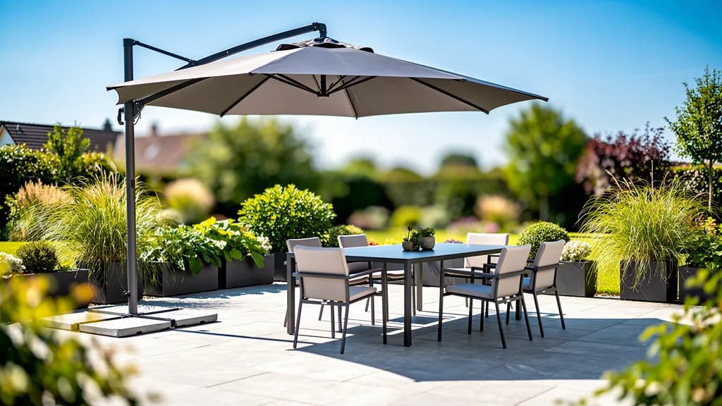 Grauer Ampelschirm beschattet eine moderne Sitzgruppe auf einer Gartenterrasse bei Sommersonne.