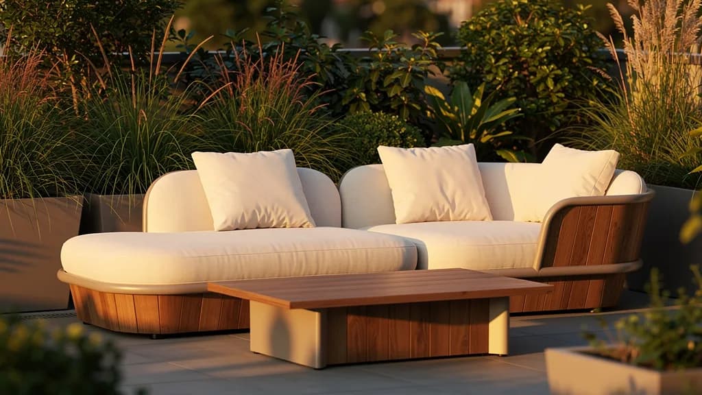 Modulare Gartenlounge mit cremeweißen Kissen und Teakholz-Verkleidung auf einer Terrasse im Abendlicht.