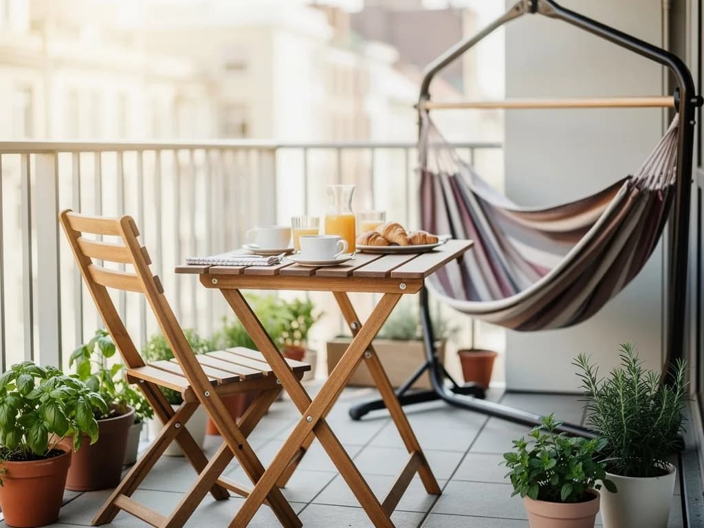 Schmaler Balkon mit klappbarem Holzstuhl, gedecktem Klapptisch und einer Hängematte am Gestell zwischen Kräutertöpfen.