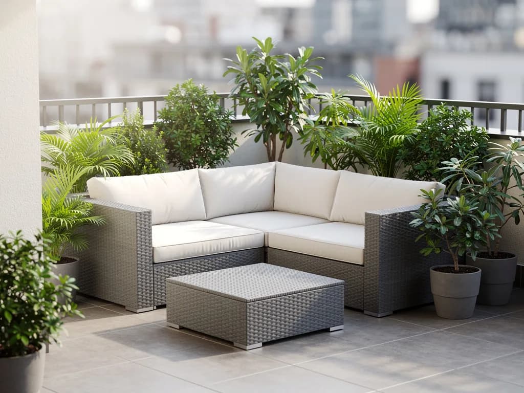 Graues modulares Polyrattan-Ecklounge-Set mit cremefarbenen Kissen und passendem Beistelltisch auf einer kleinen Dachterrasse.