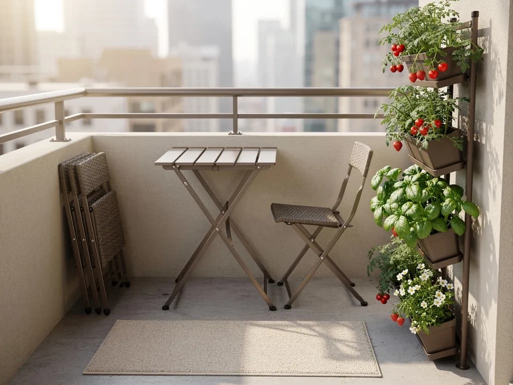 Platzsparendes klappbares Bistro-Set in Taupe auf schmalem Balkon neben einem vertikalen Regal mit Tomaten, Erdbeeren und Basilikum.