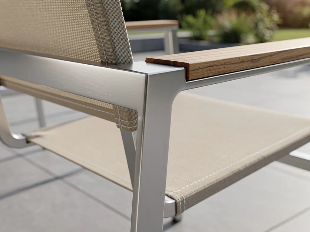 Detailaufnahme eines Gartenstuhls mit gebürstetem Aluminiumrahmen, Holzarmlehne und beigem Textilene-Gewebe auf einer Terrasse.