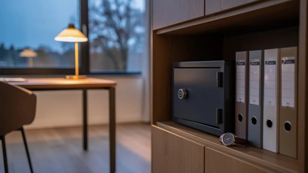 Kompakter dunkelgrauer Tresor in einem offenen Holzschrank neben Ordnern, im Hintergrund ein Schreibtisch mit Leuchte in der Abenddämmerung