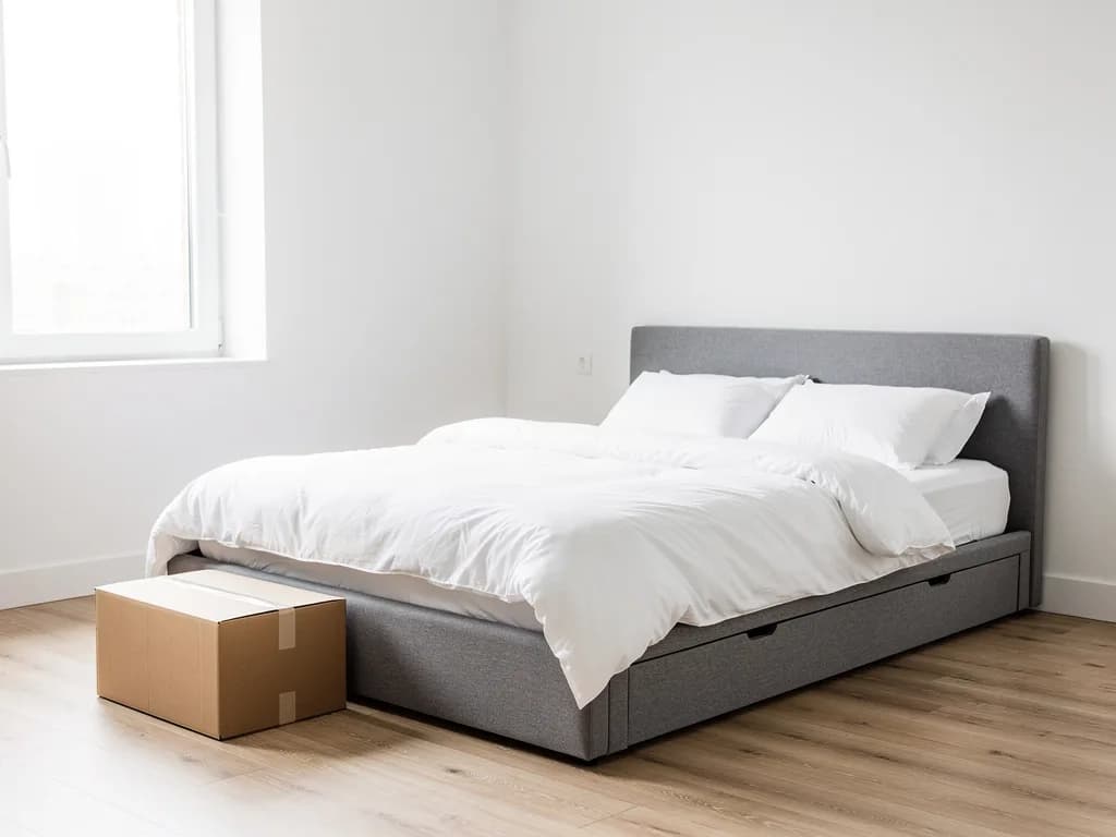 Graues Polsterbett mit Bettkasten und weißer Bettwäsche neben einem Umzugskarton im hellen Schlafzimmer.